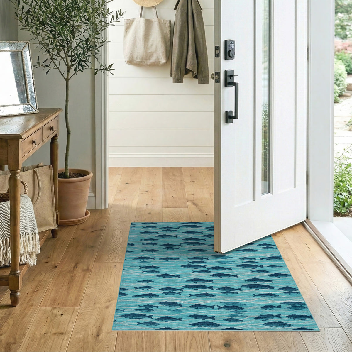 Blue Teal Fish Wave Coastal Area Rug