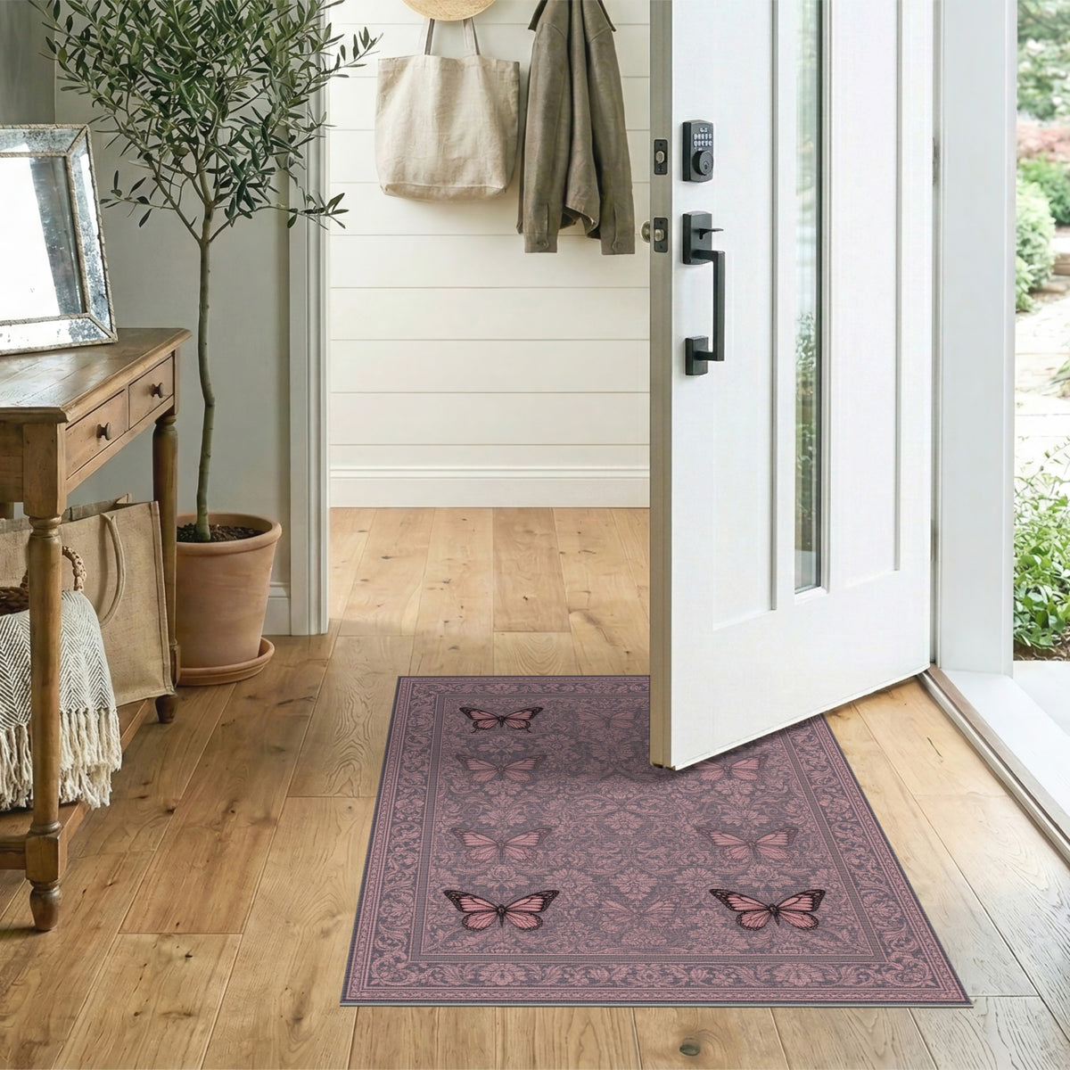 Pink Butterfly Floral Vintage Area Rug