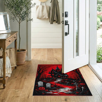 Red Haunted Mansion Halloween Area Rug