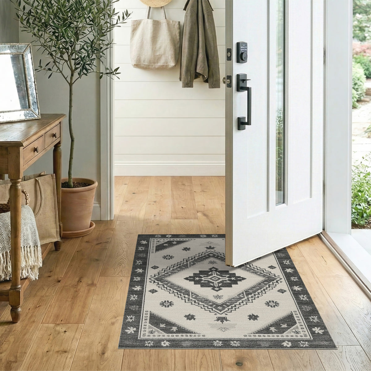 Black White Heritage Tribal Area Rug
