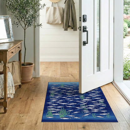Blue Ocean Fish School Washable Area Rug