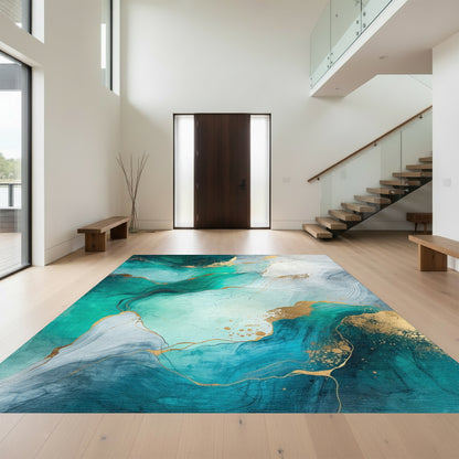 Teal Gold Fluid Marble Rug
