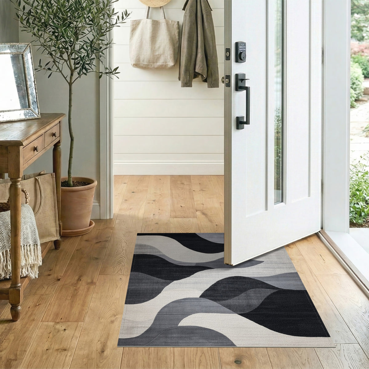 Wave Black White Abstract Wave Area Rug