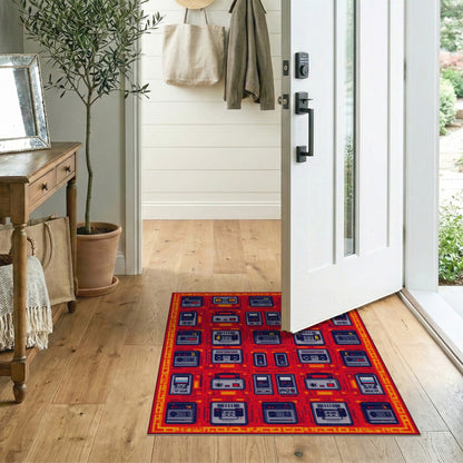 Retro Cassette Grid Red Washable Area Rug