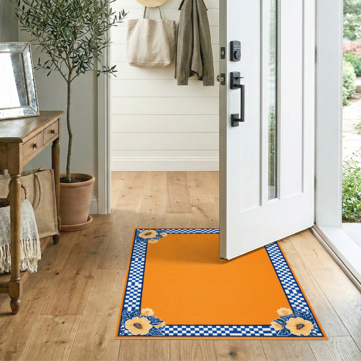 Orange Floral Checkered Area Rug