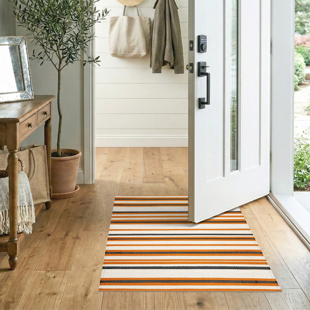 Orange Black Striped Geometric Area Rug