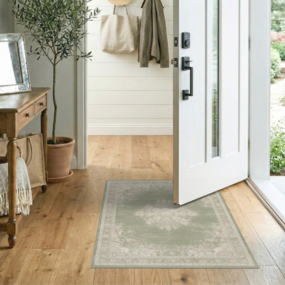 Sage Green Floral Vintage Medallion Area Rug