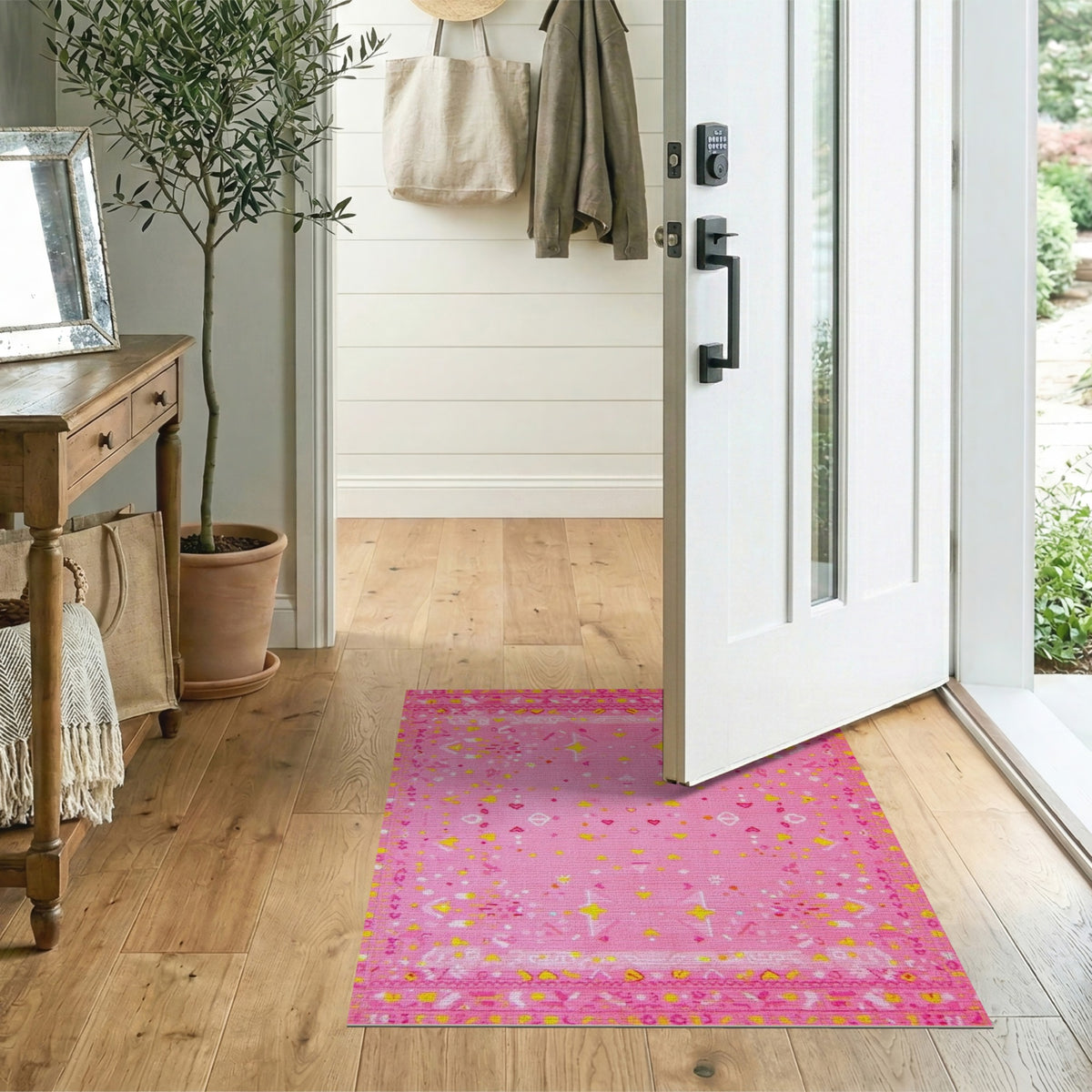 Pink Kids Area Rug with Hearts and Stars
