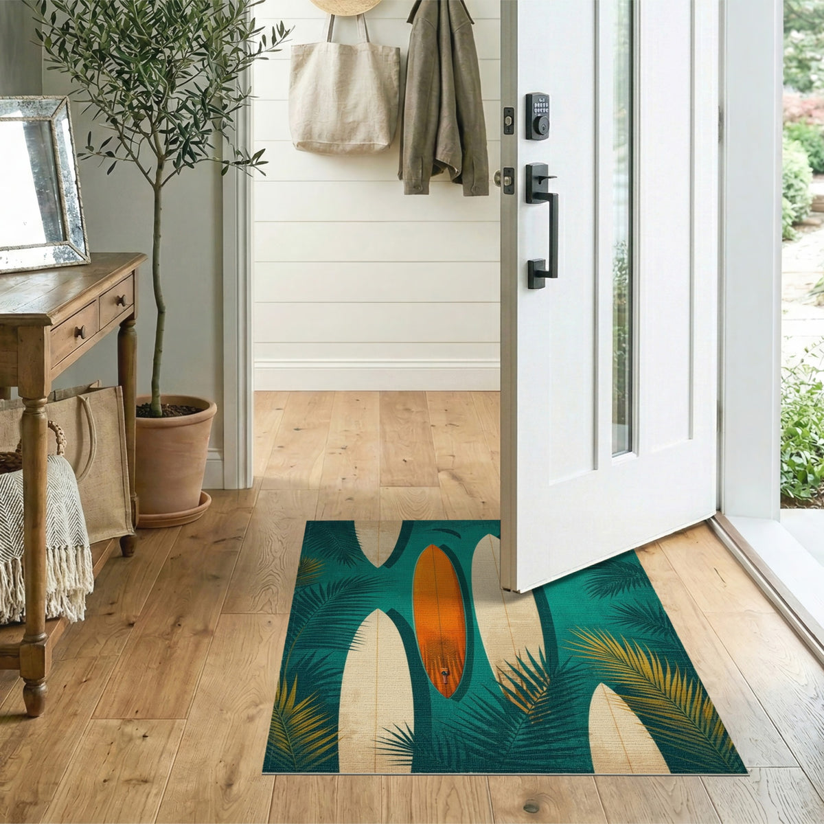 Blue and Teal Coastal Surfboard Teal Area Rug
