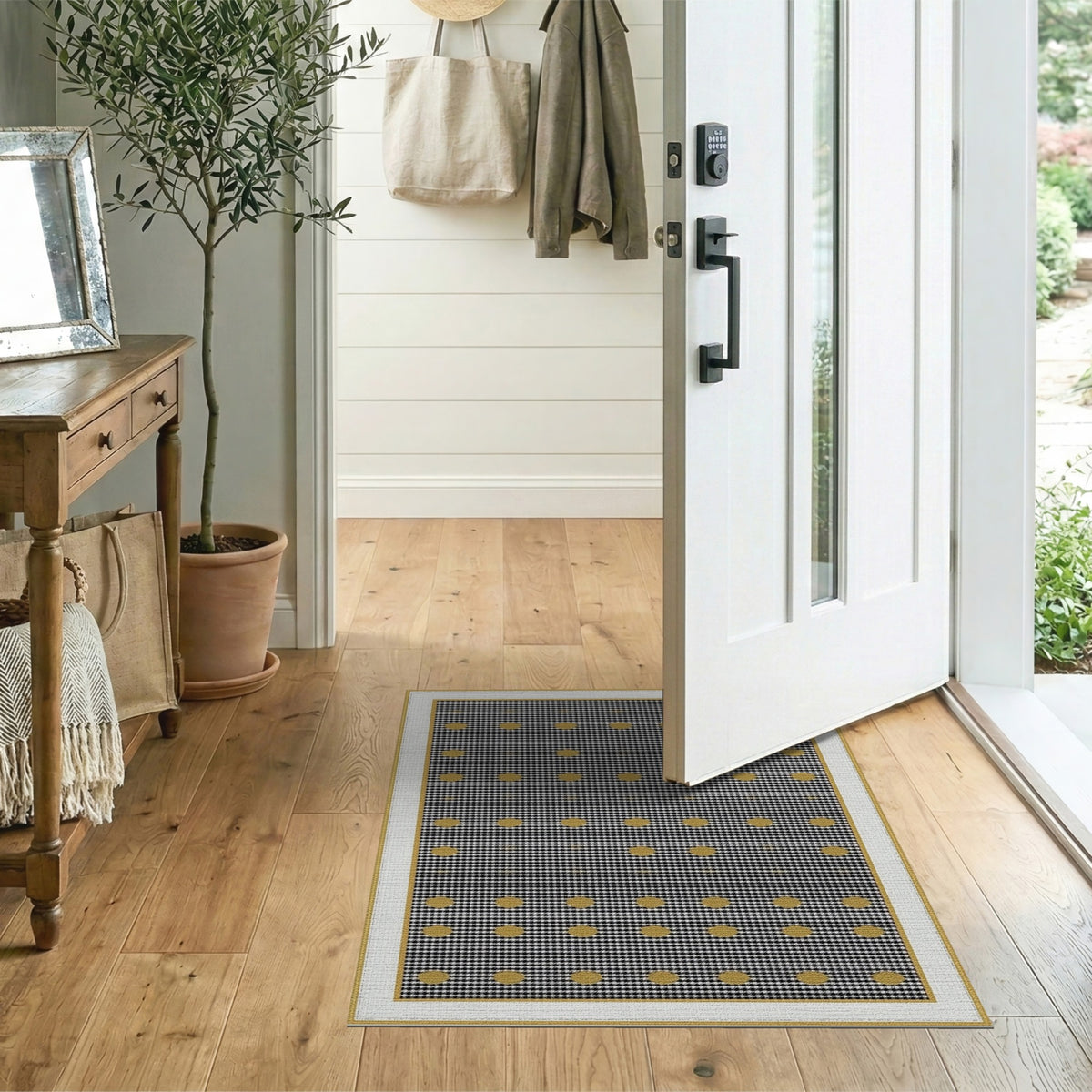Black White Gold Dot Geometric Area Rug