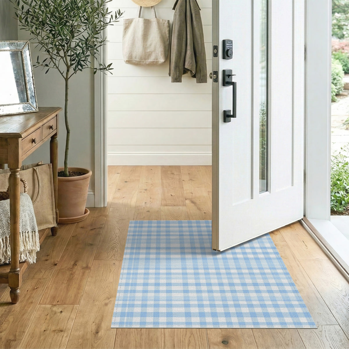 Light Blue Gingham Checkered Area Rug