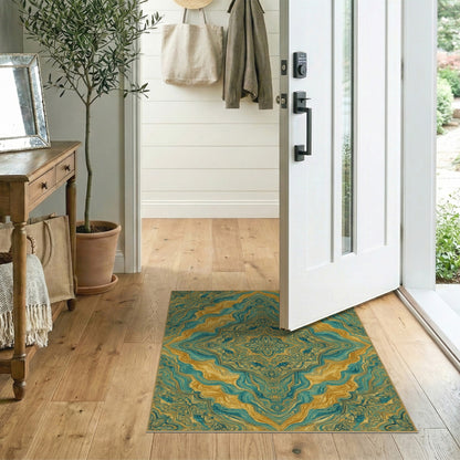 Gold Teal Gold Persian Medallion Area Rug