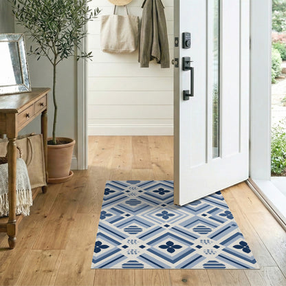 Blue Geometric Floral Washable Area Rug