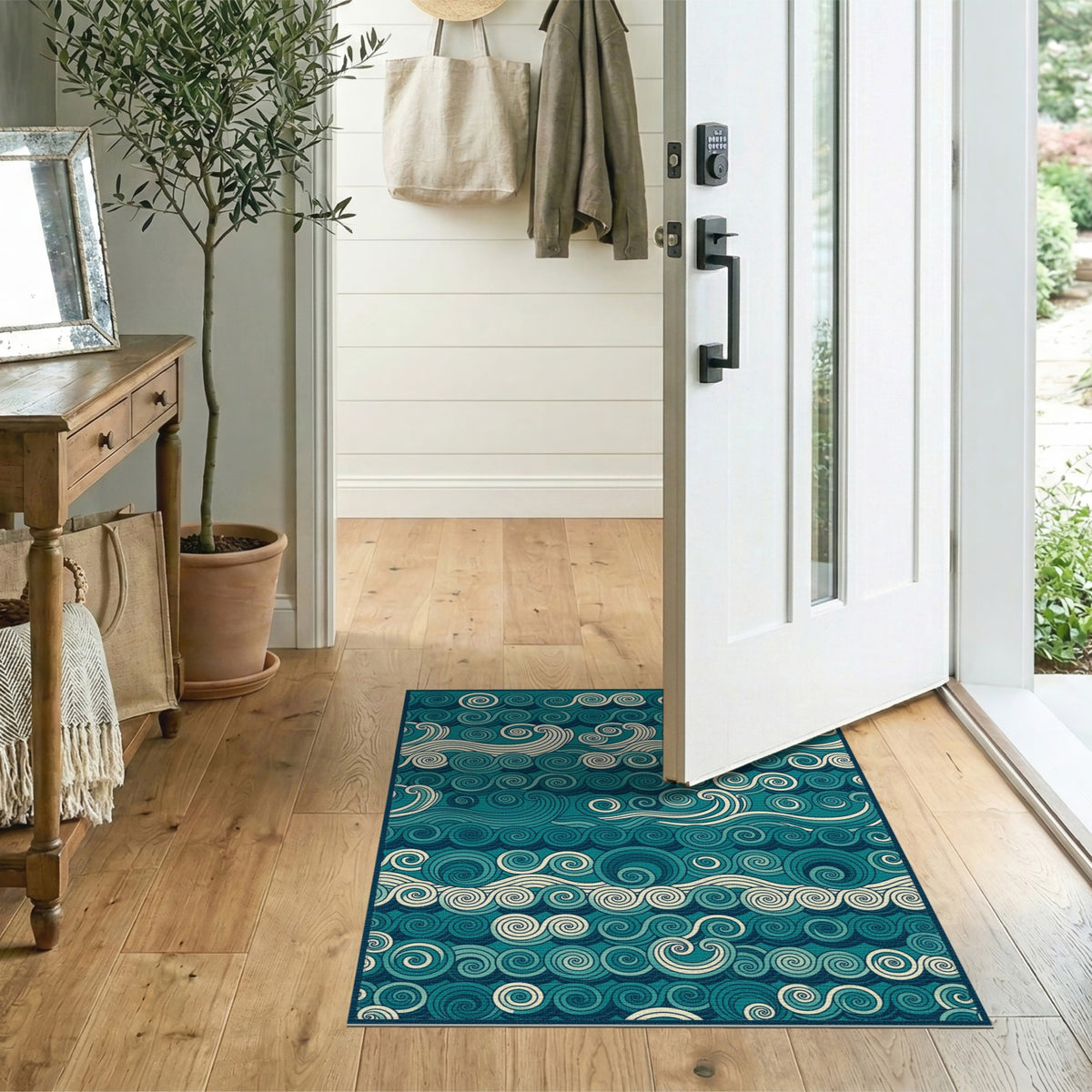 Blue Teal Swirling Waves Area Rug