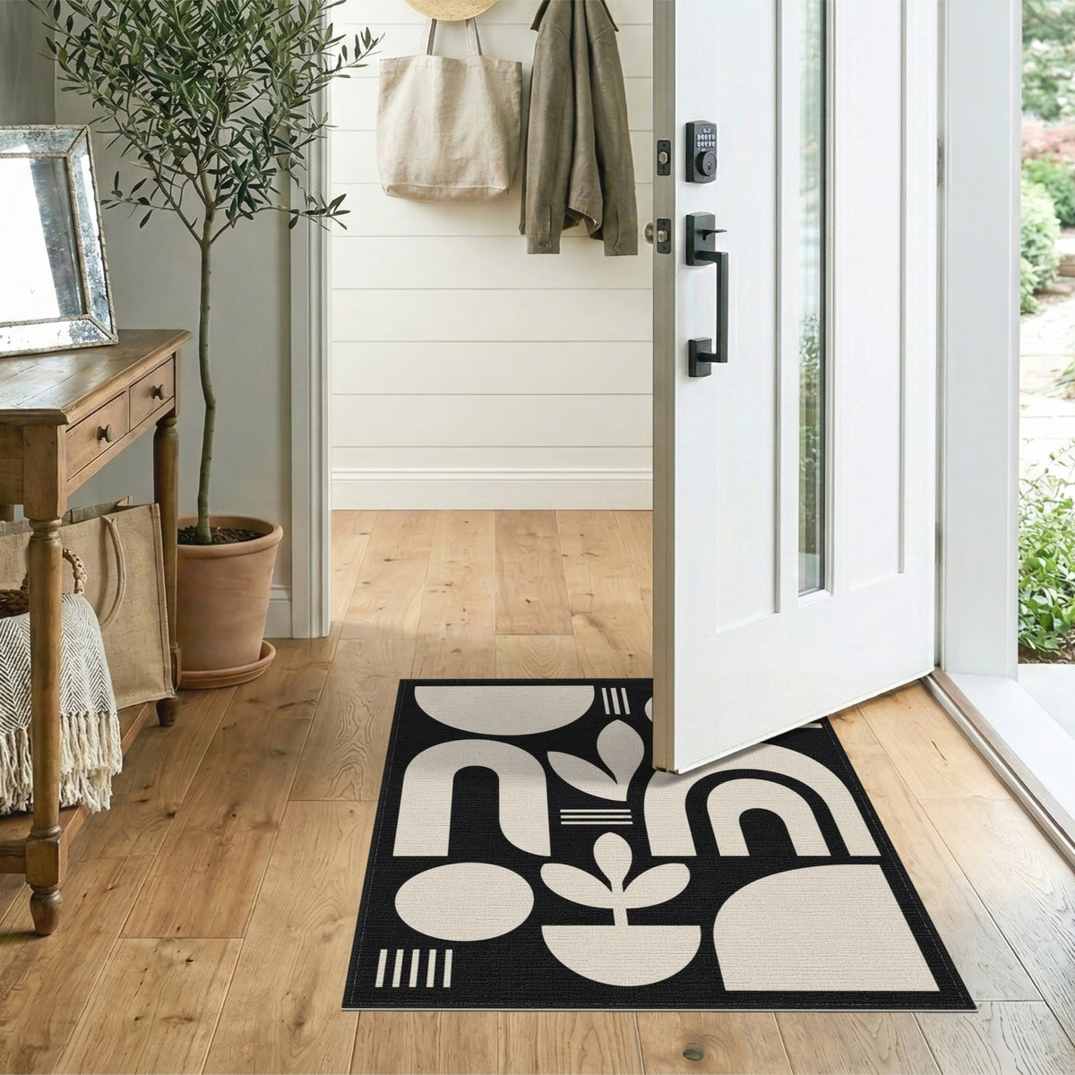 Black White Geometric Botanical Area Rug