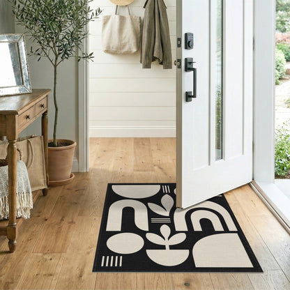 Black White Geometric Botanical Area Rug