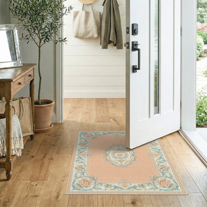 Teal Floral Medallion Peach Vintage Rug
