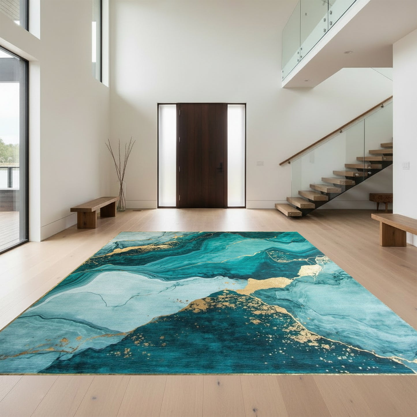 Teal Marble Gold Vein Rug