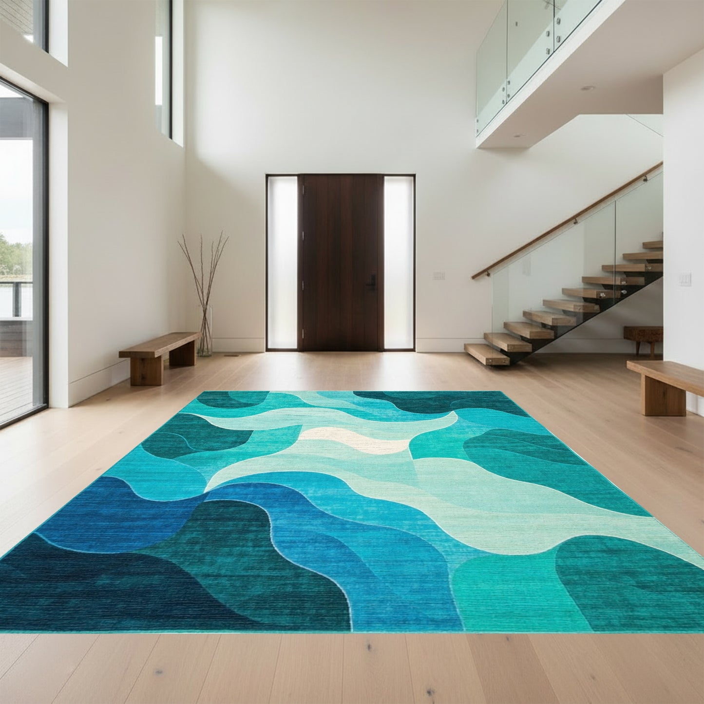 Teal Layered Waves Rug