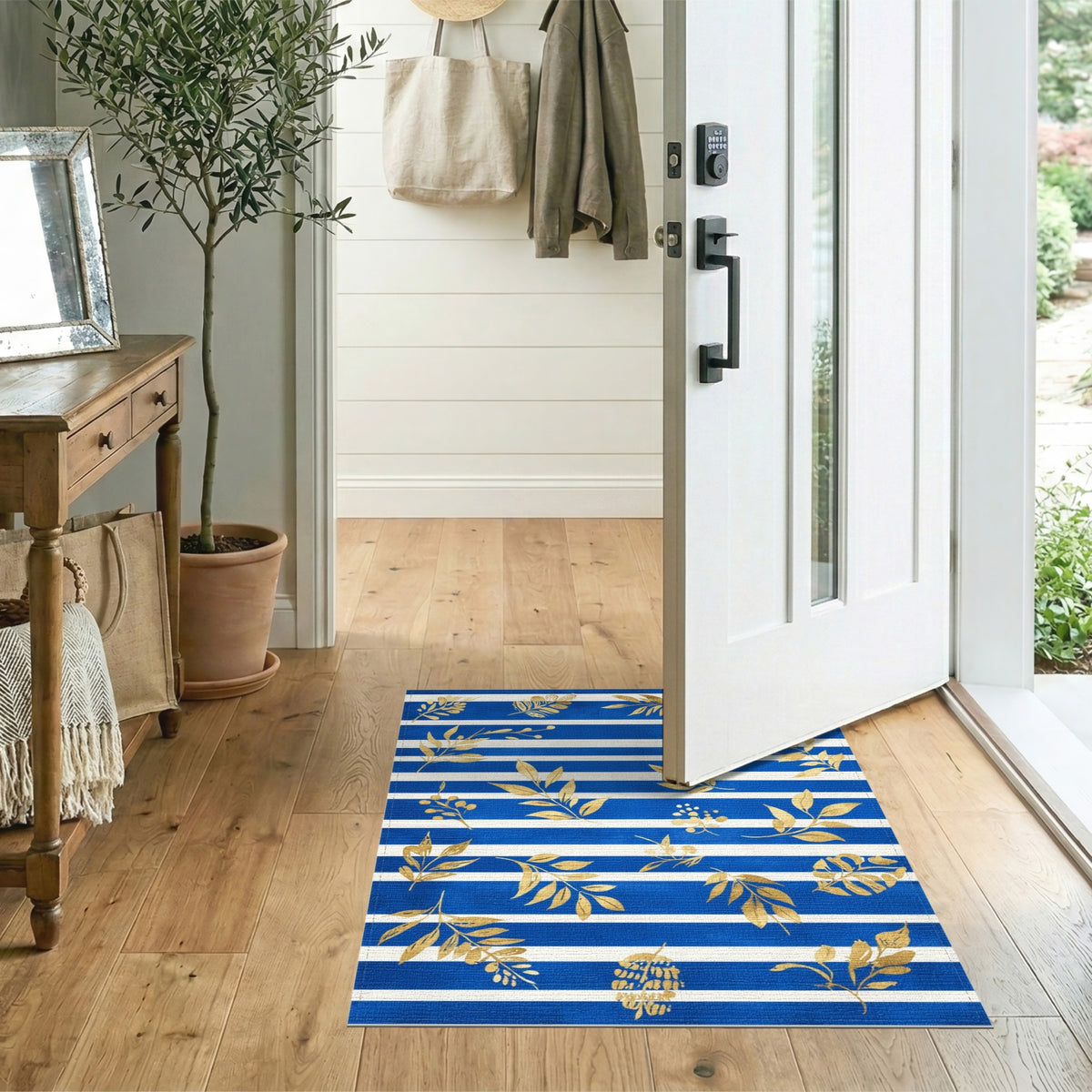 Blue Striped Gold Leaf Washable Area Rug