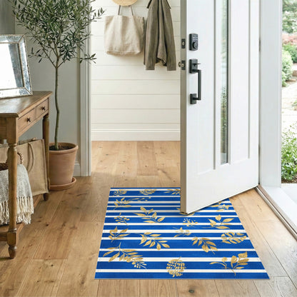 Blue Striped Gold Leaf Washable Area Rug