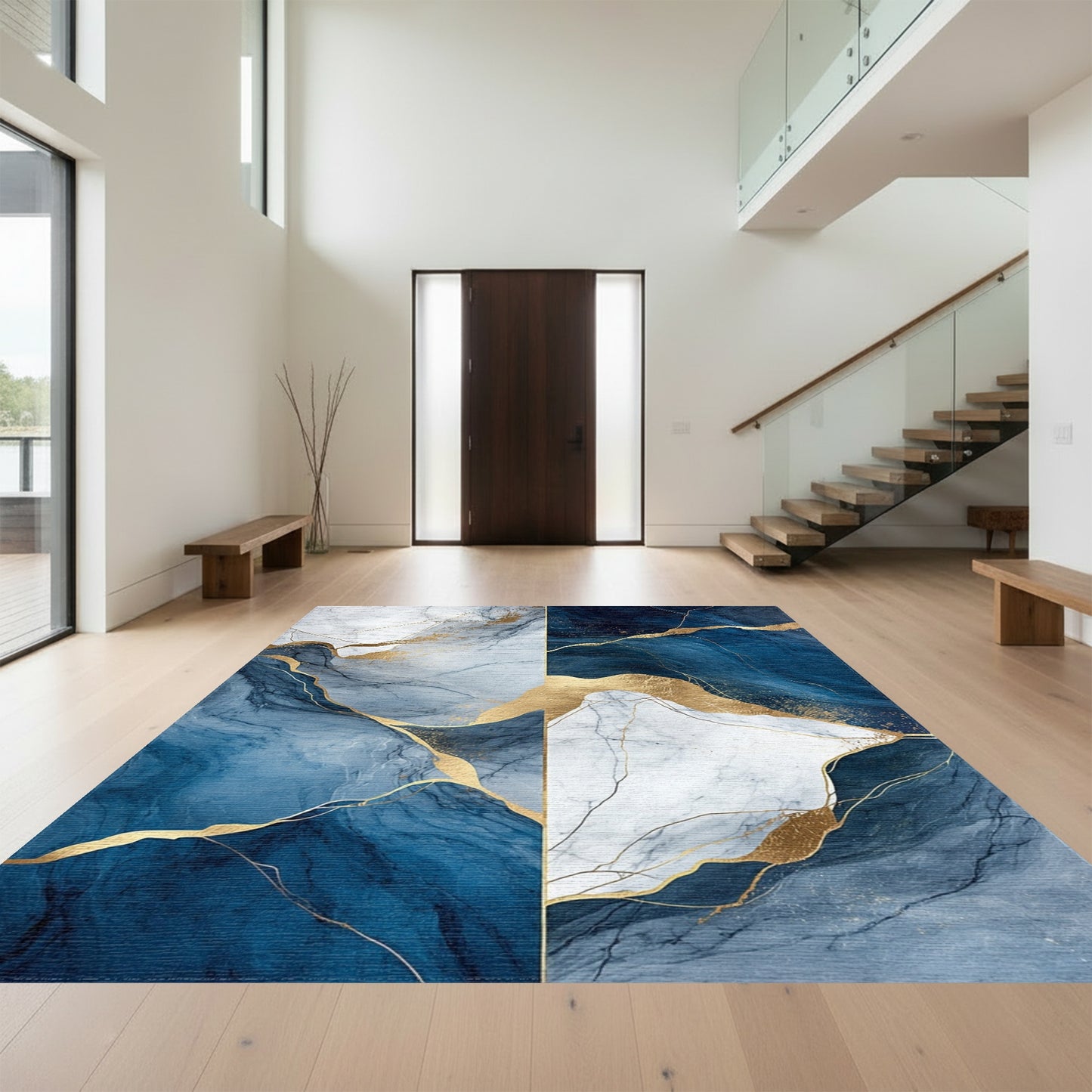 Navy White Gold Veined Marble Rug