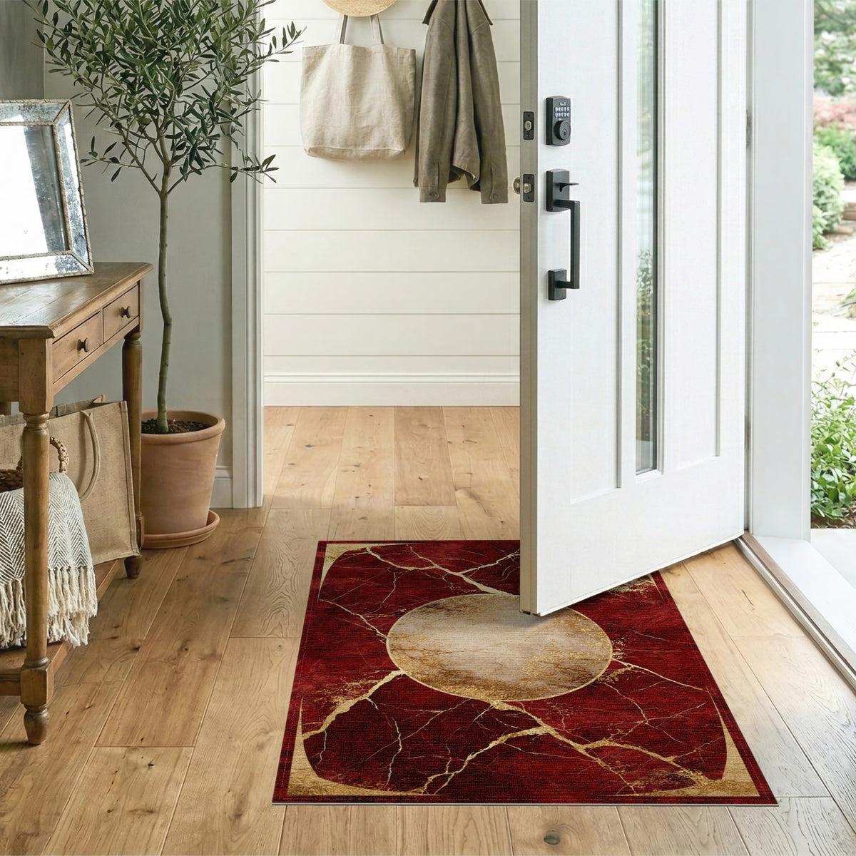 Red Marble Gold Medallion Area Rug
