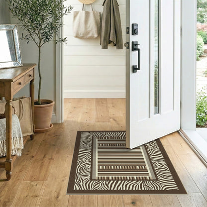 Brown Zebra Border Geometric Striped Area Rug