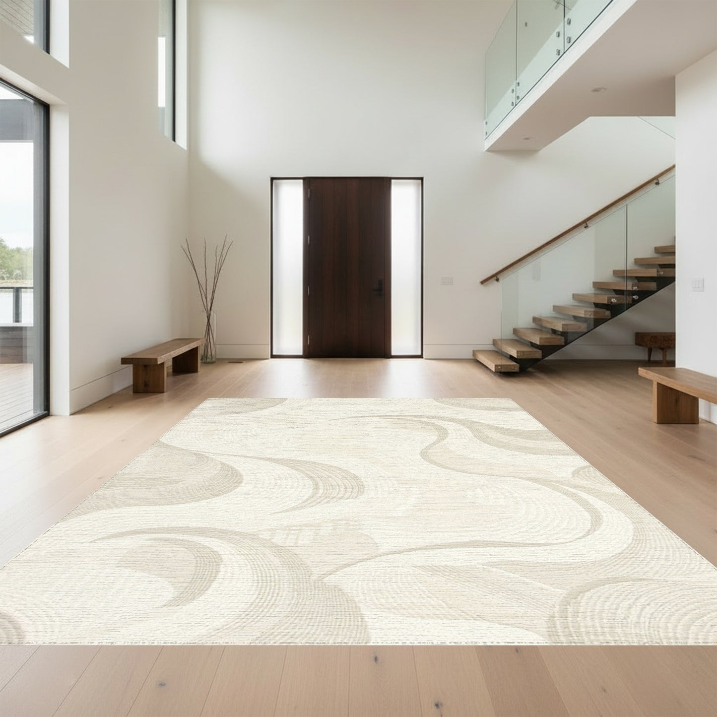 Cream Abstract Wave Swirl Rug