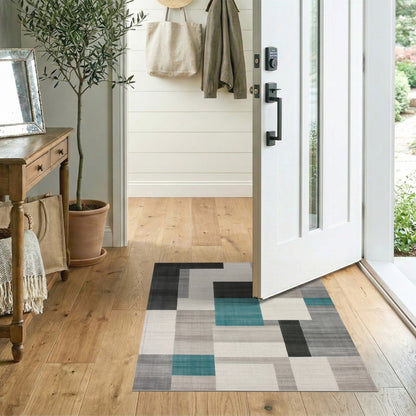 Modern Teal Geometric Area Rug Black Grey