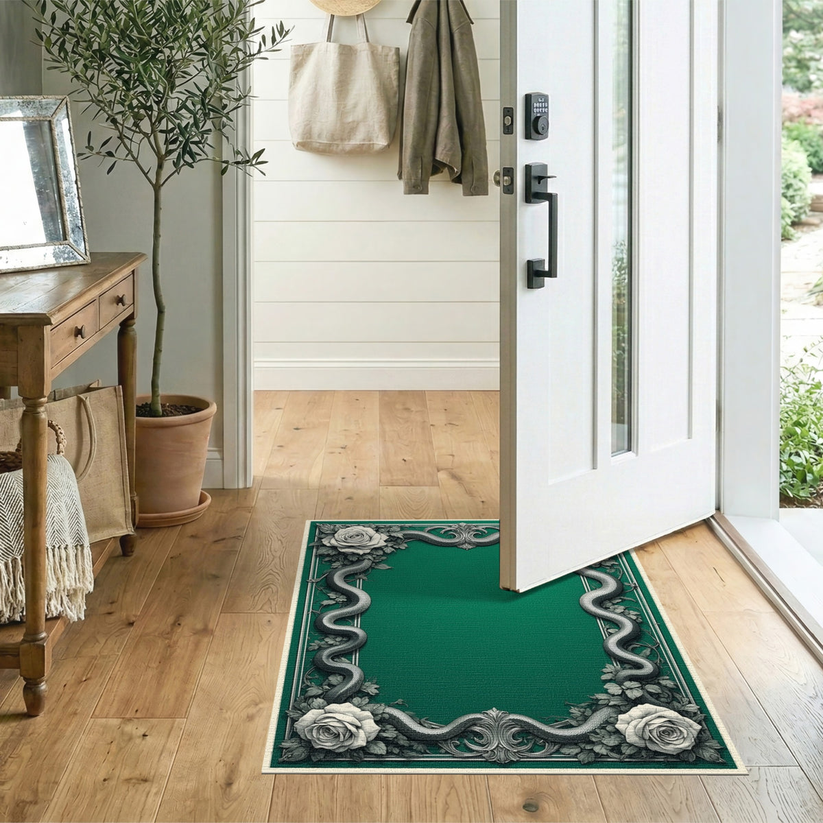 Emerald Green Serpent Rose Vintage Area Rug