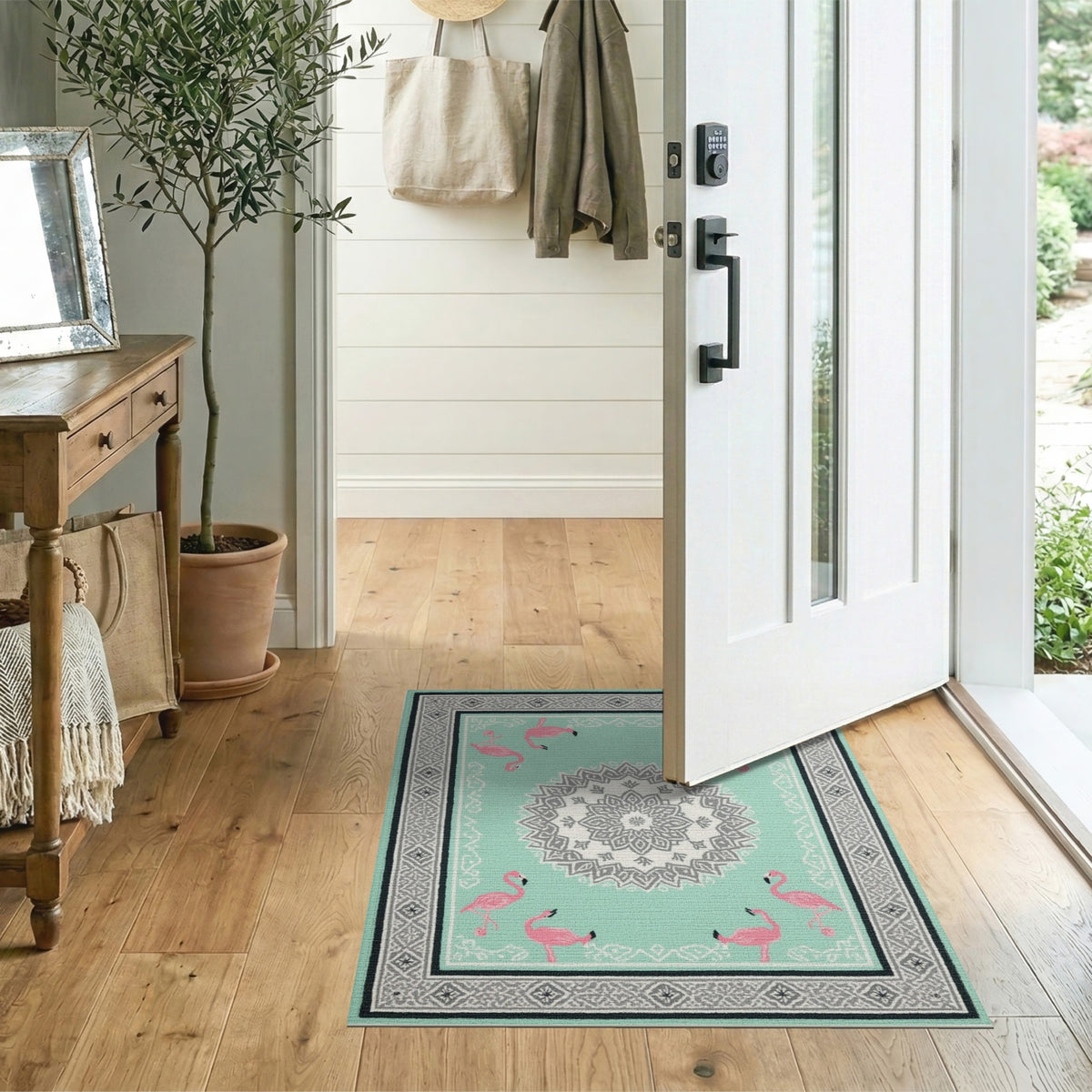 Flamingo Teal Mandala Area Rug