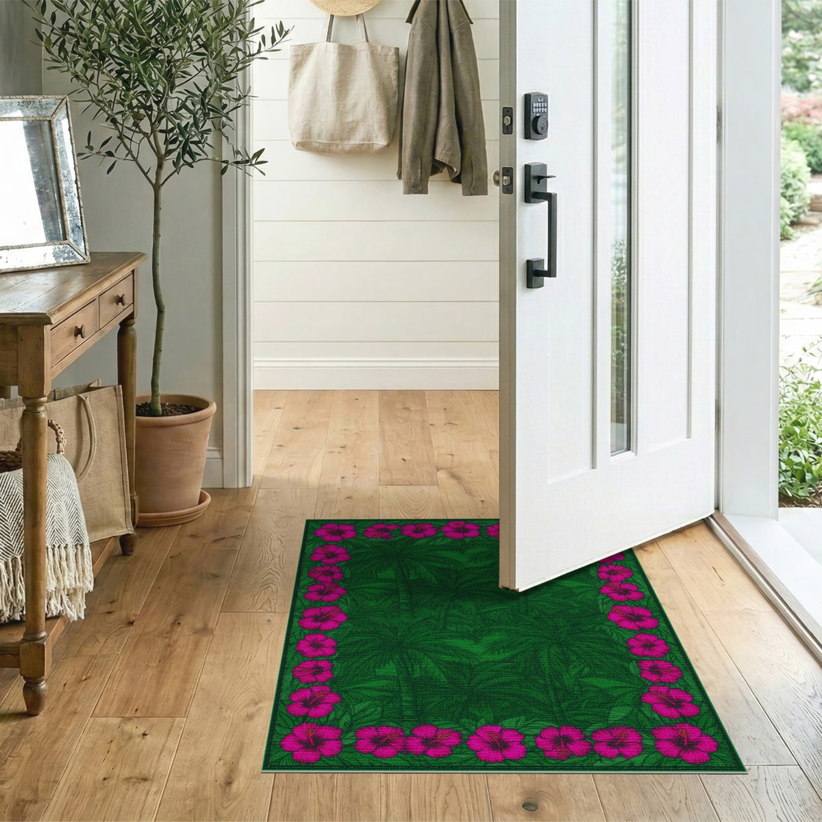 Green Palm Tree Pink Hibiscus Border Area Rug