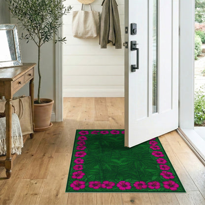 Green Palm Tree Pink Hibiscus Border Area Rug