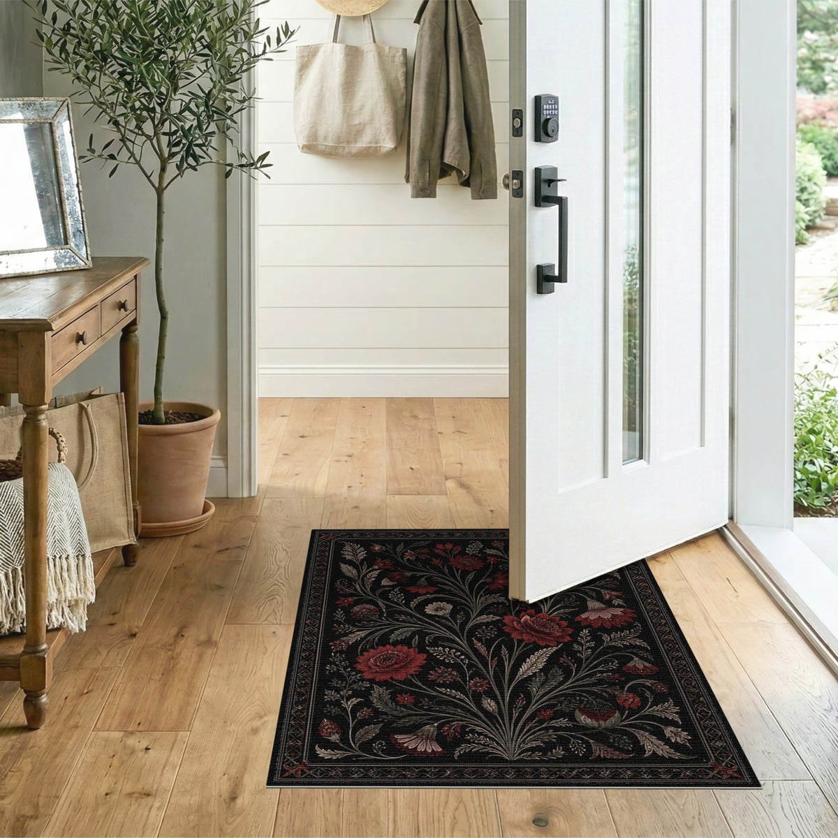 Red Floral Vintage Black Area Rug