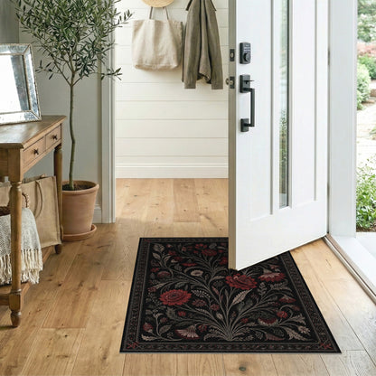 Red Floral Vintage Black Area Rug
