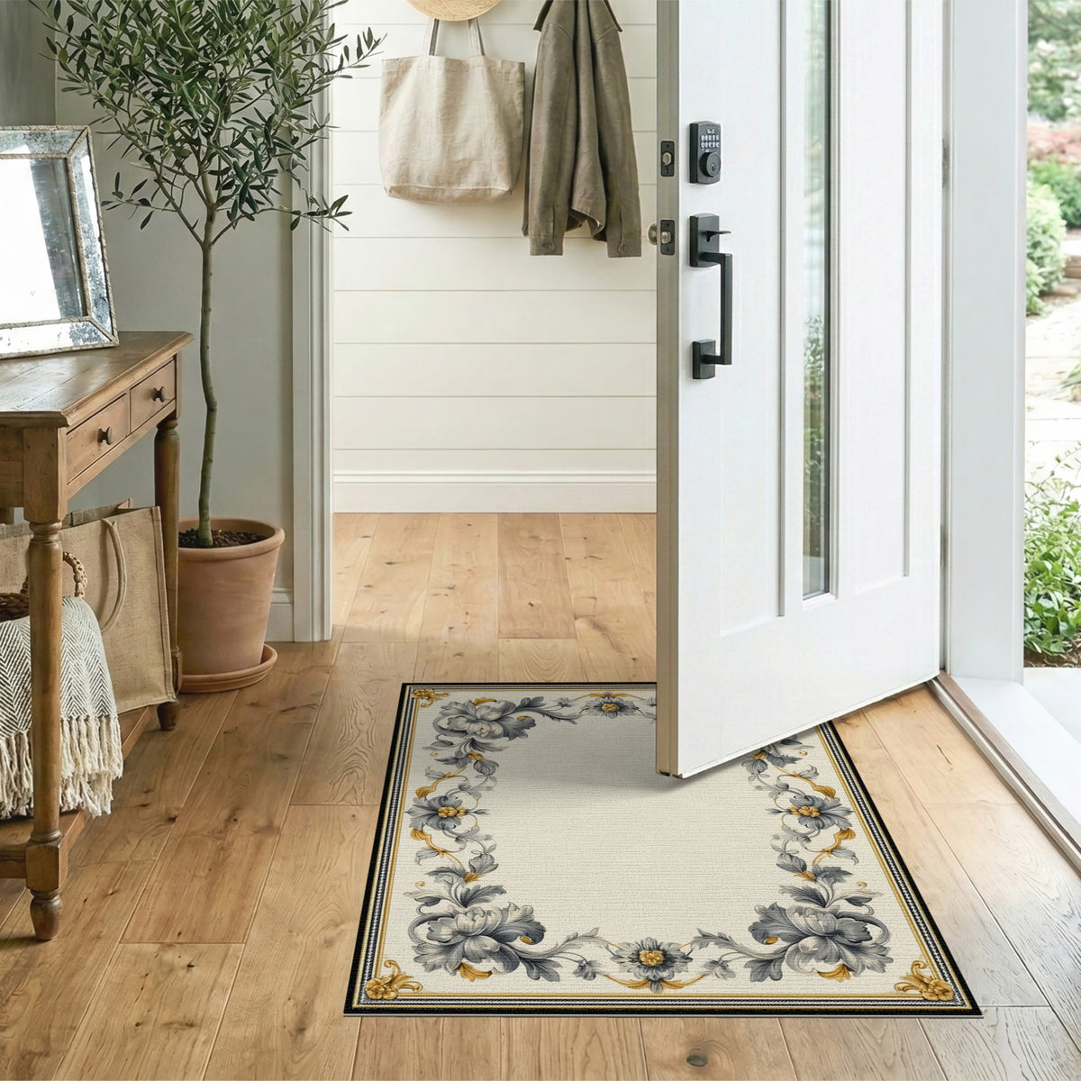 Grey Floral Vintage Border Washable Area Rug