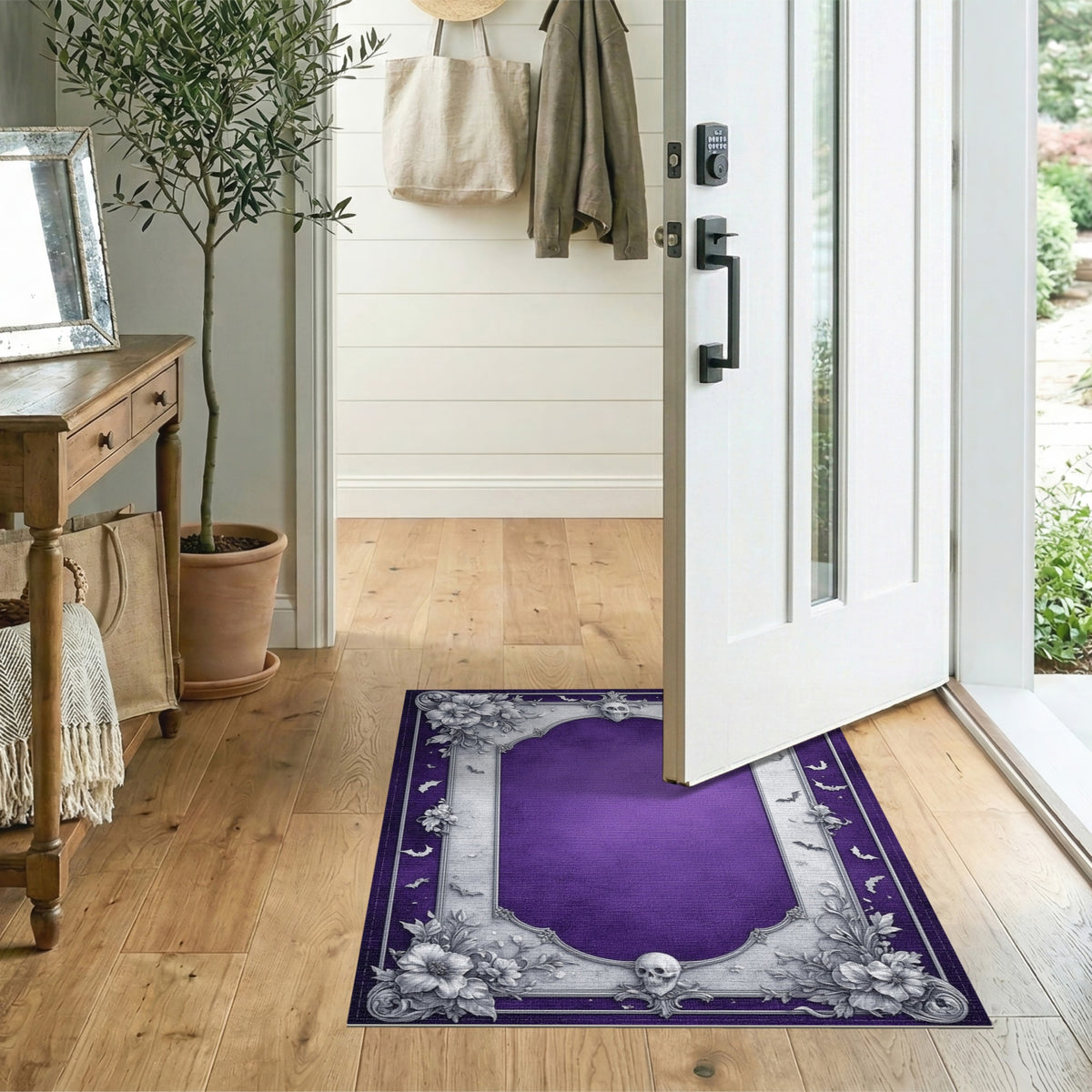Purple Gothic Ornate Floral Skull Area Rug