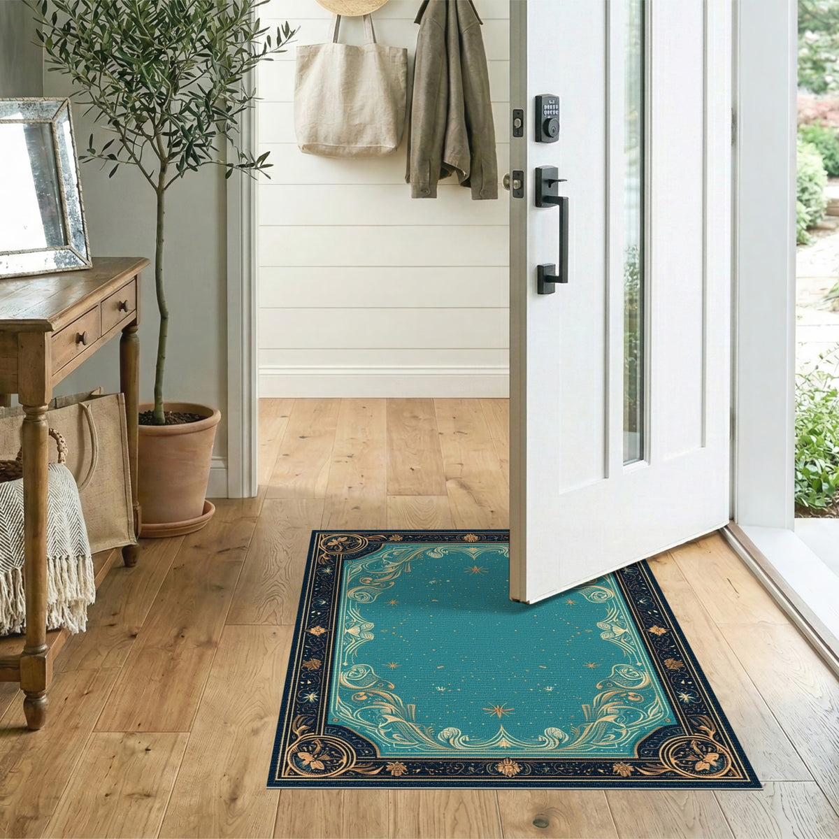 Teal Floral Vintage Area Rug with Gold Border