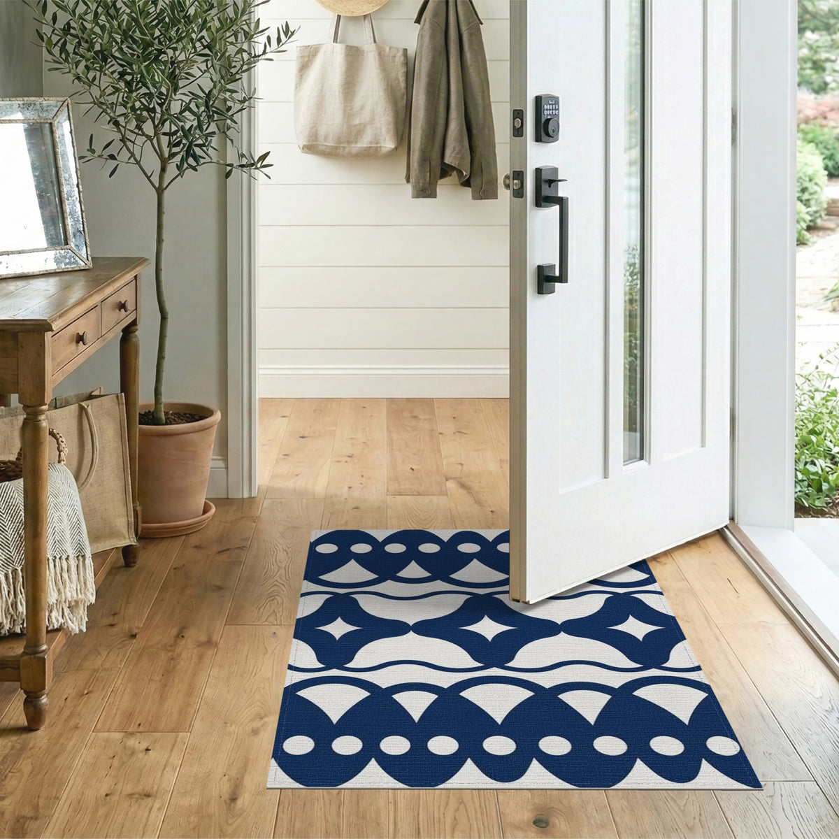Navy Blue Geometric Scalloped Area Rug