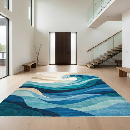 Abstract Teal Crashing Waves Rug