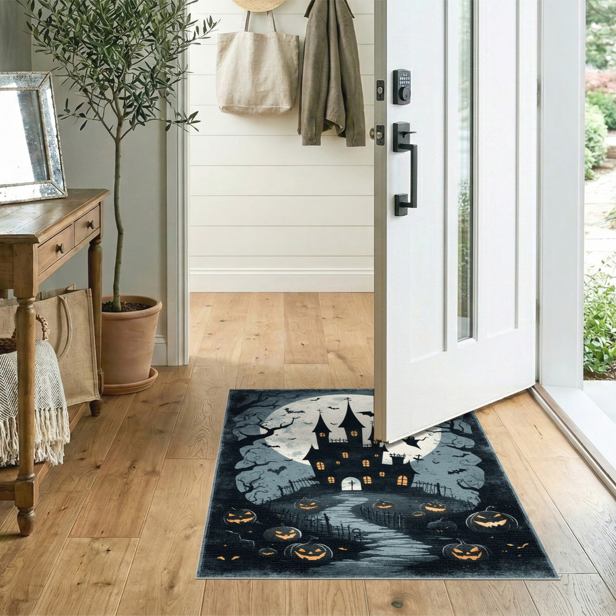Black and White Haunted Castle Halloween Area Rug