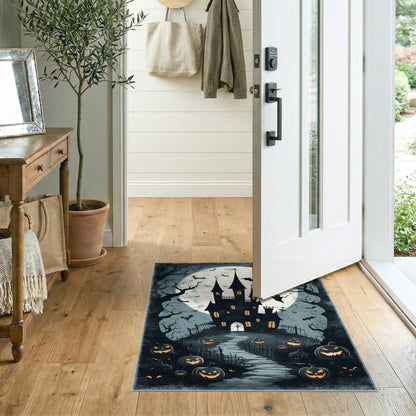 Black and White Haunted Castle Halloween Area Rug