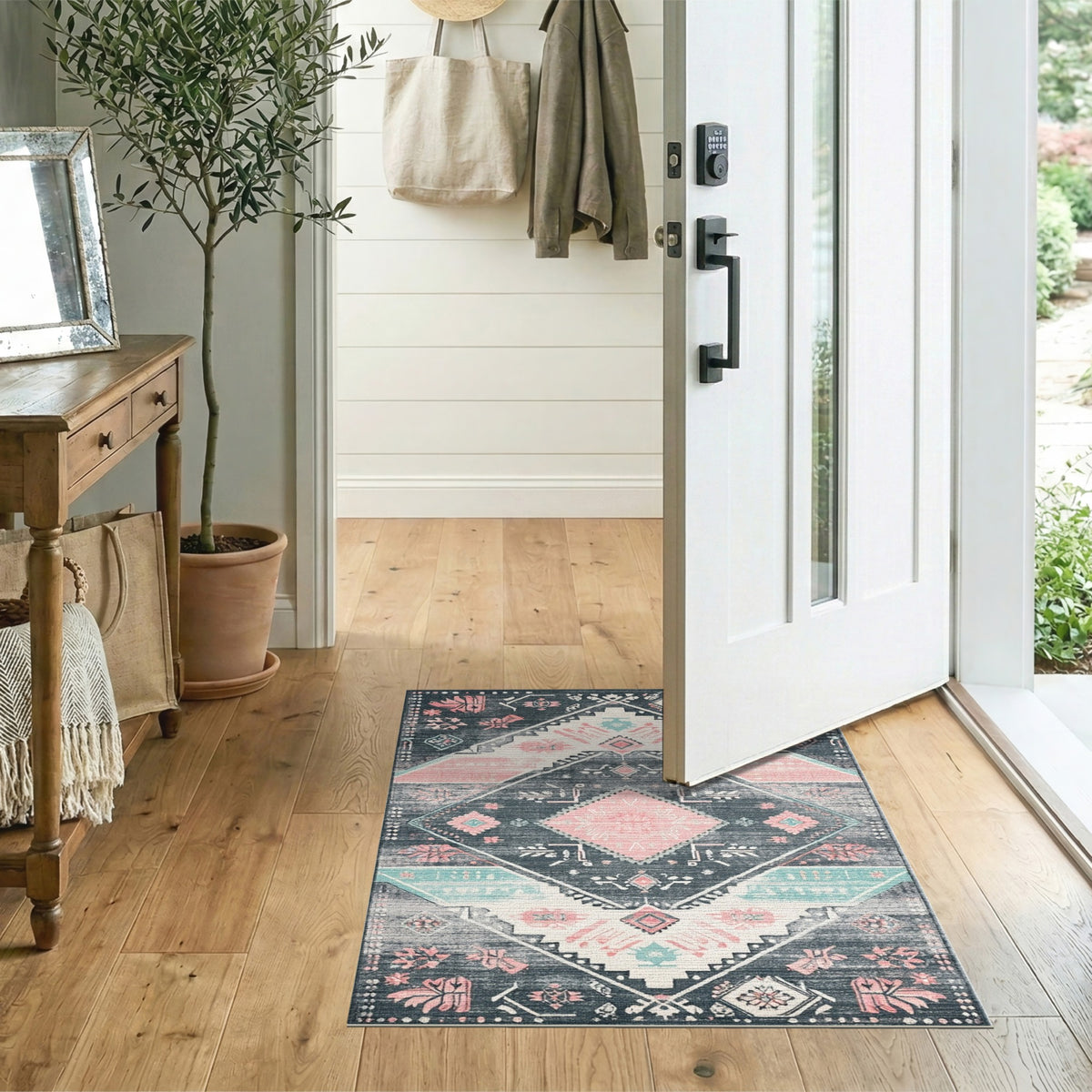 Grey Pink Tribal Area Rug