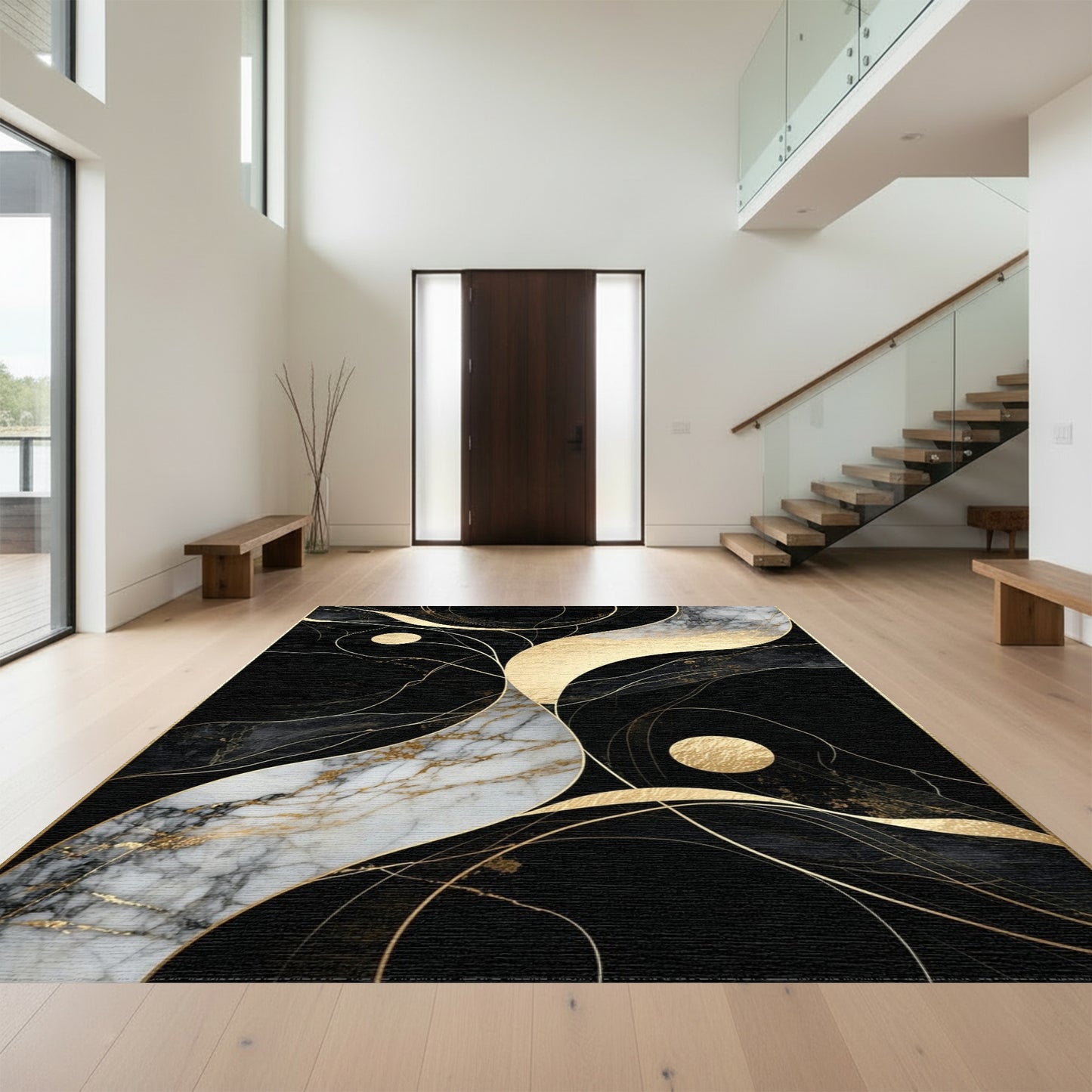 Abstract Black Gold Marble Swirl Rug