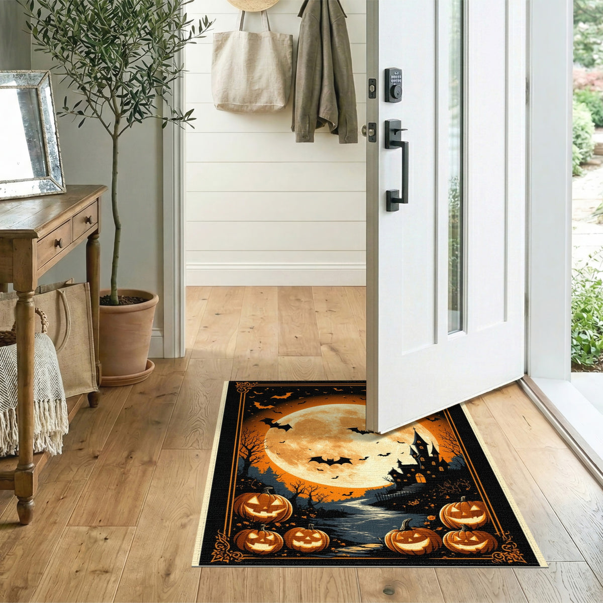 Orange Spooky Halloween Castle Area Rug