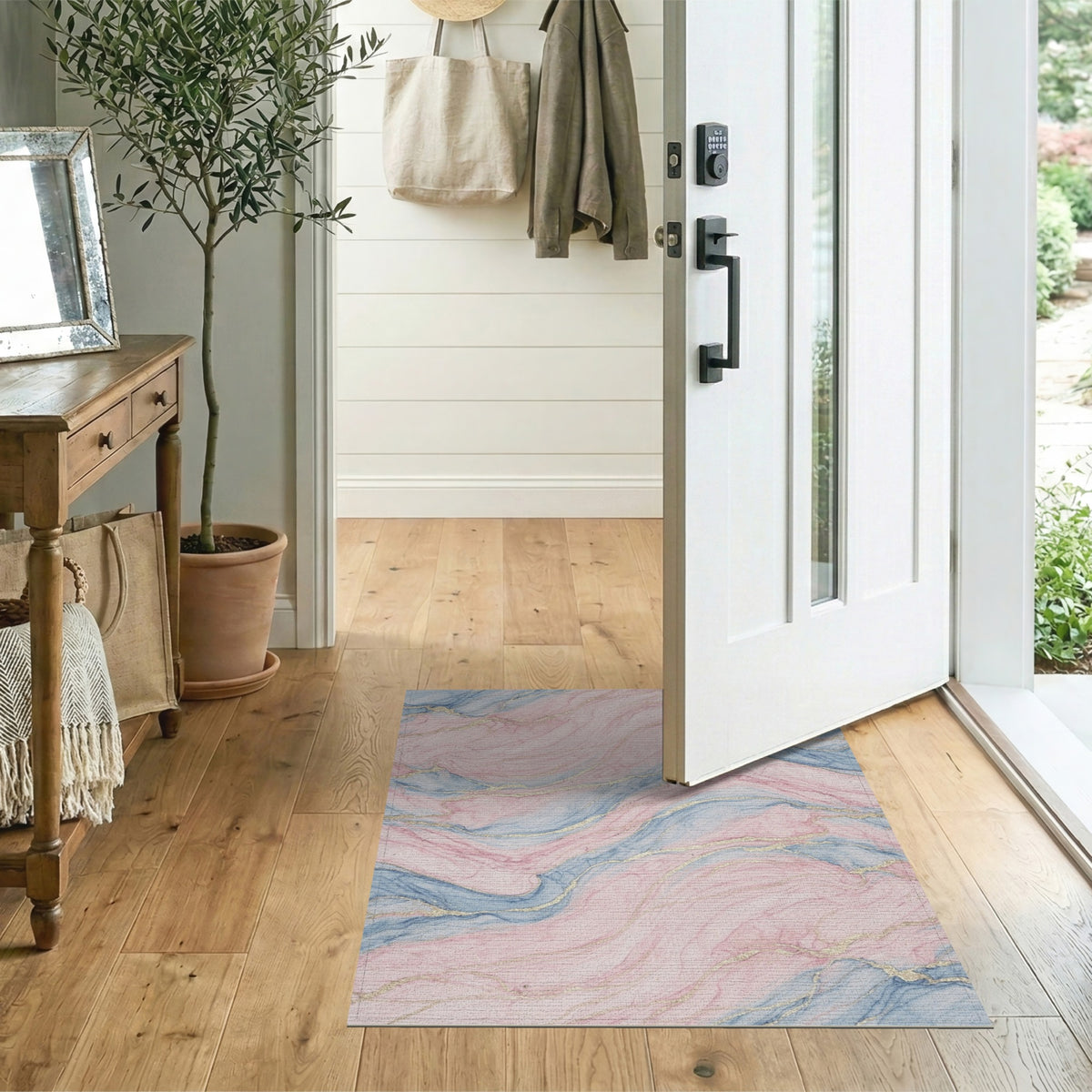 Pink Abstract Area Pink Blue Marble Swirl Area Rug