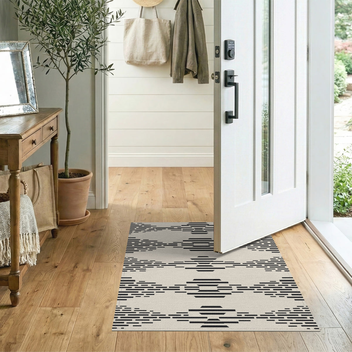 Black Geometric Washable Area Rug