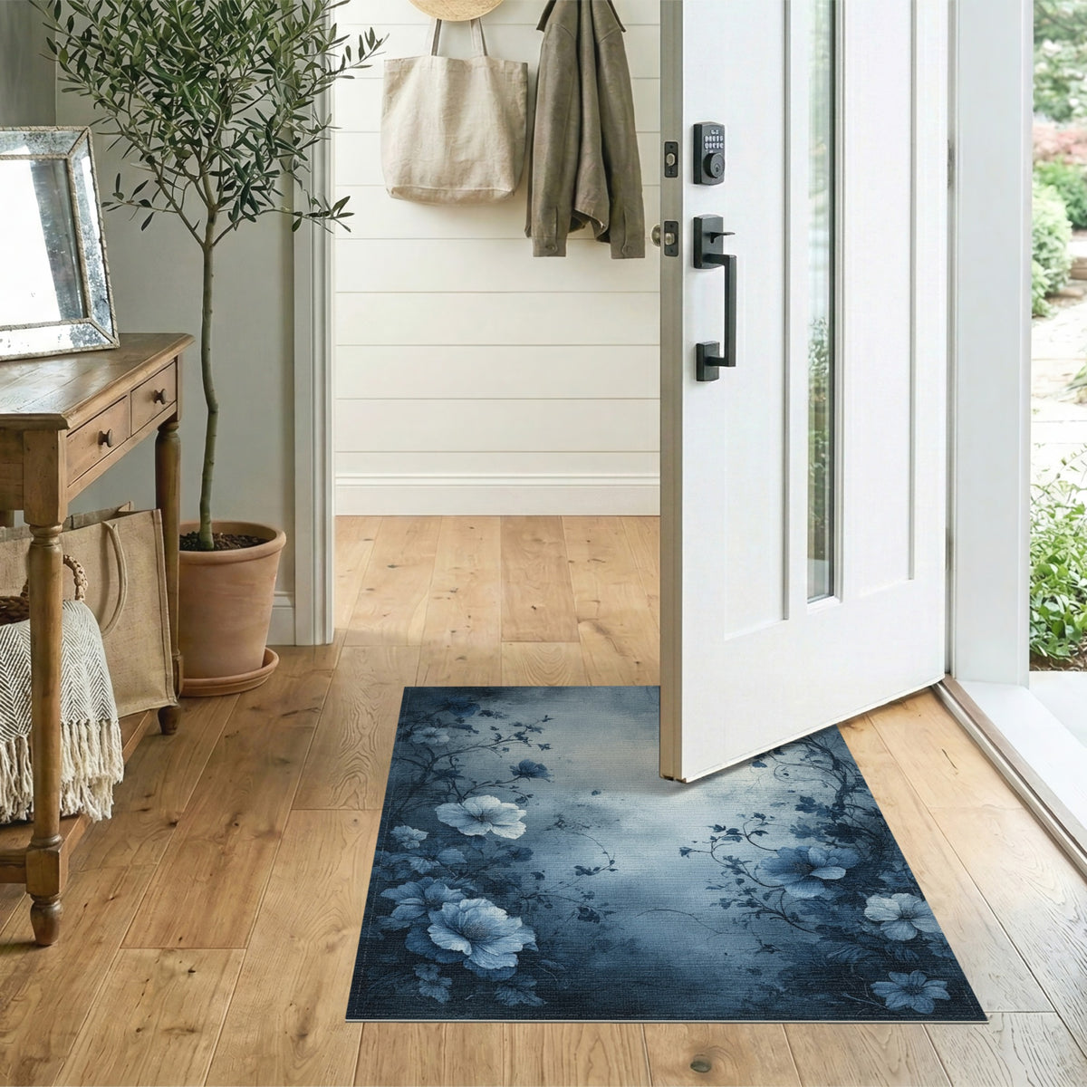 Blue Floral Distressed Vintage Area Rug