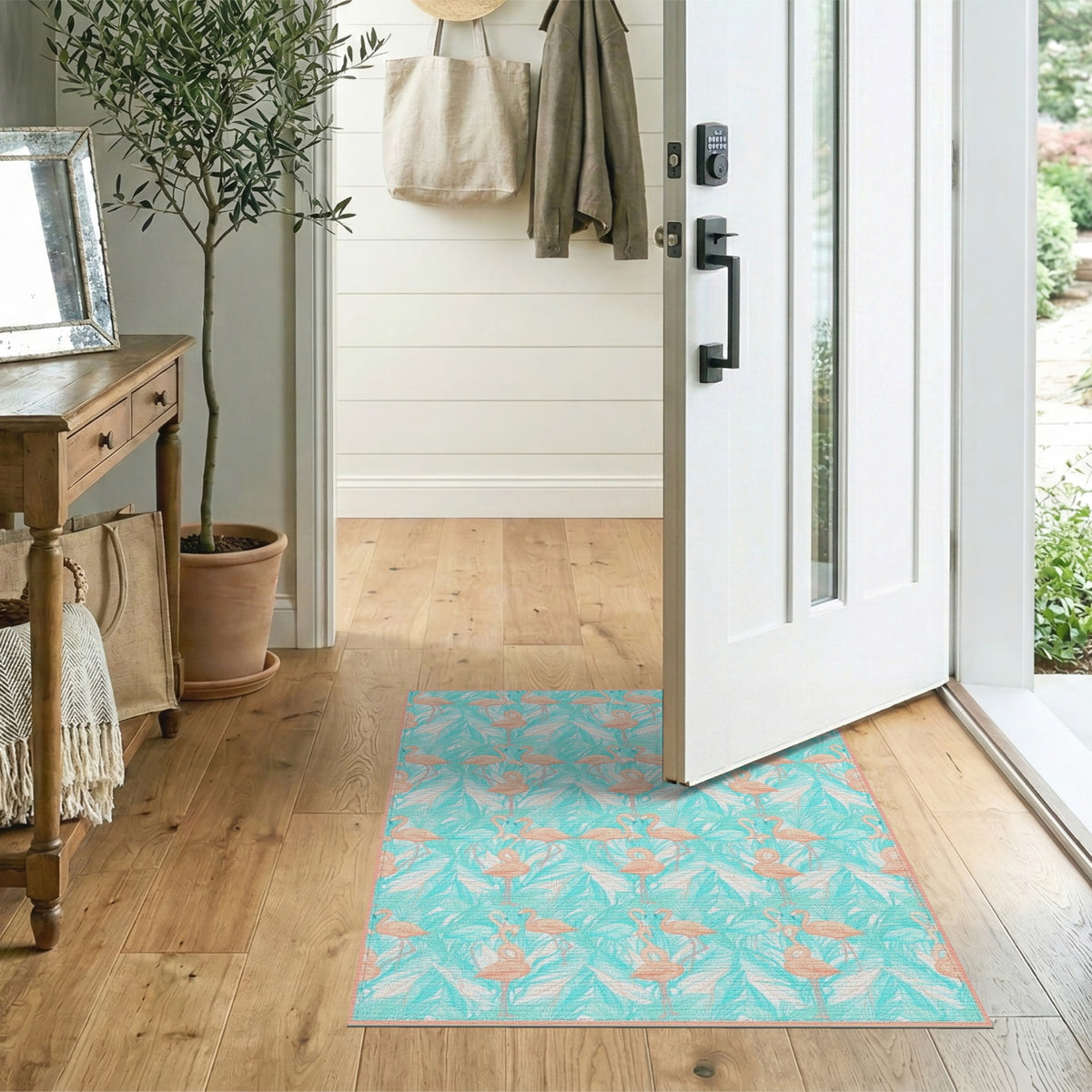 Pink Flamingo Teal Palm Washable Area Rug